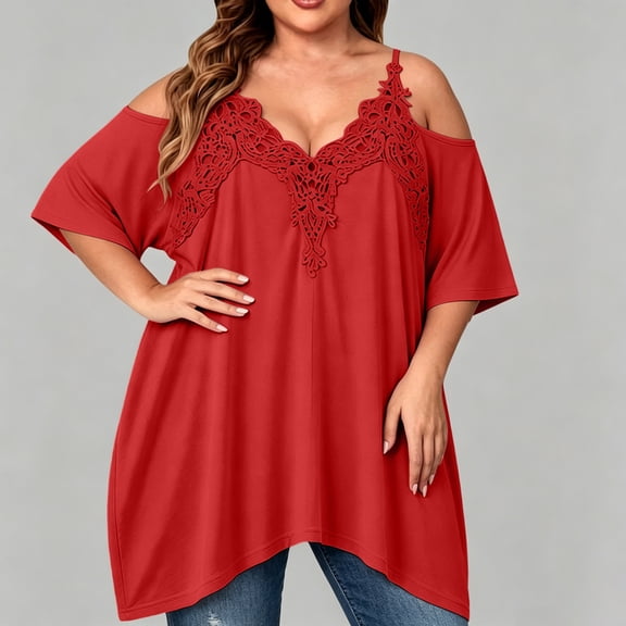 IUYRTFE Women's Cold Shoulder Lace Trim V Neck Top Short Sleeve Loose Fit Summer Casual Blouse Plus Size