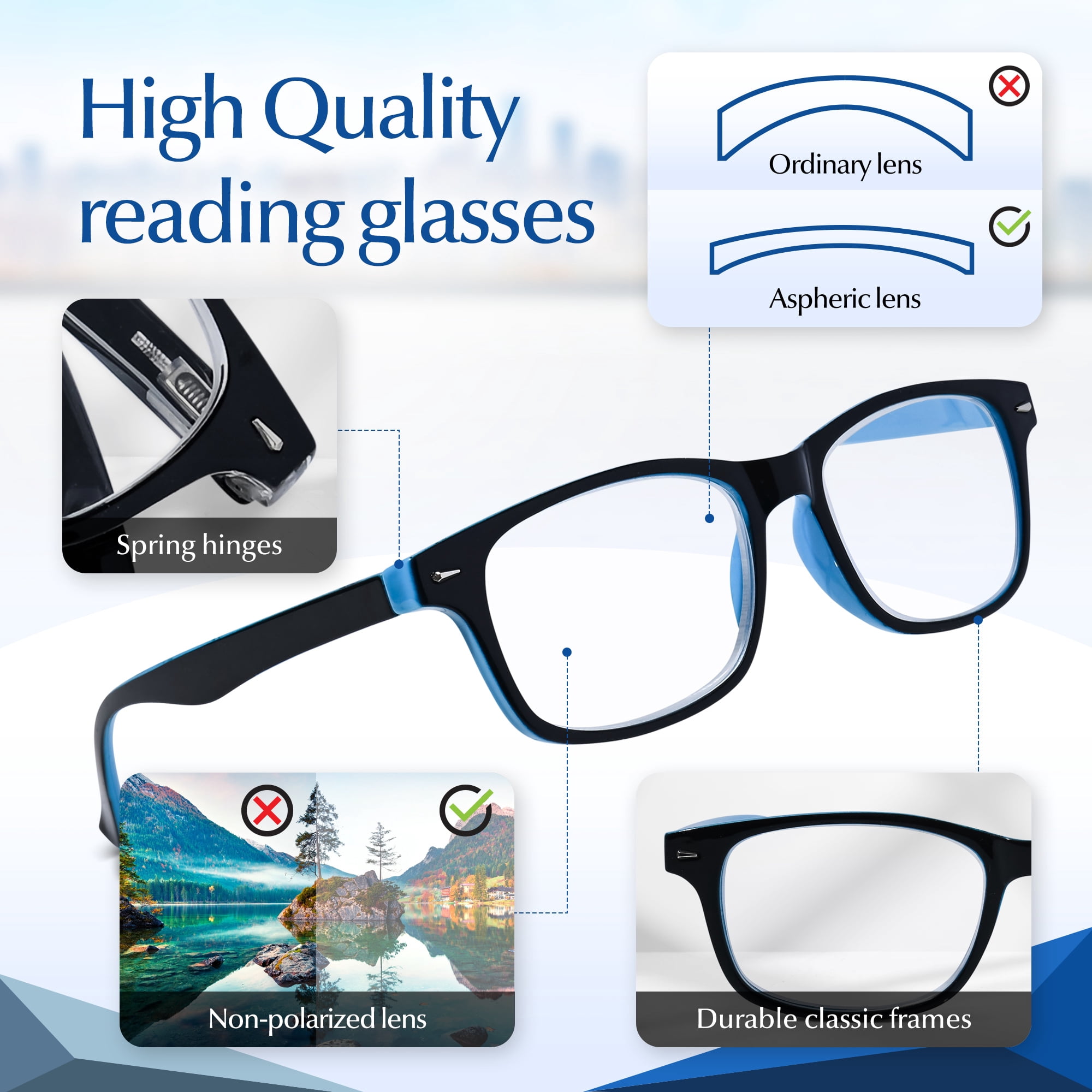 In Style Eyes Powerful High Magnification Men's Reading Glasses, 6.0x, Clear Tint, Blue 1 Pair