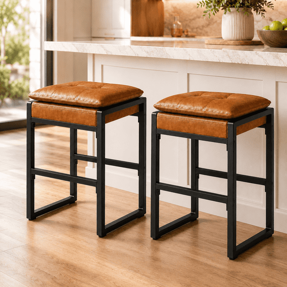 ROSVOVO Barstools, Set of 2 Counter Height Bar Stool with Leather Seat and Metal Frame for Kitchen Island, Brown