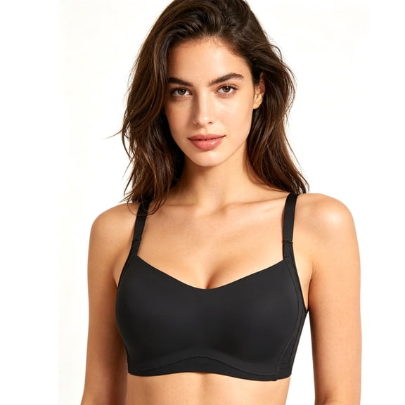 Women's Side Smoothing Wireless Bra Seamless Push Up Bra with Soft Cups Adjustable Straps and 3 Row Back Closure,Black,34