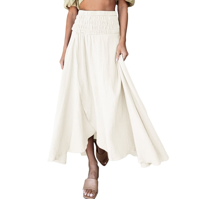 VISgogo Falda larga ahumada para mujer, falda con abertura de color sólido de cintura alta informal de verano para adultos VISgogo moda