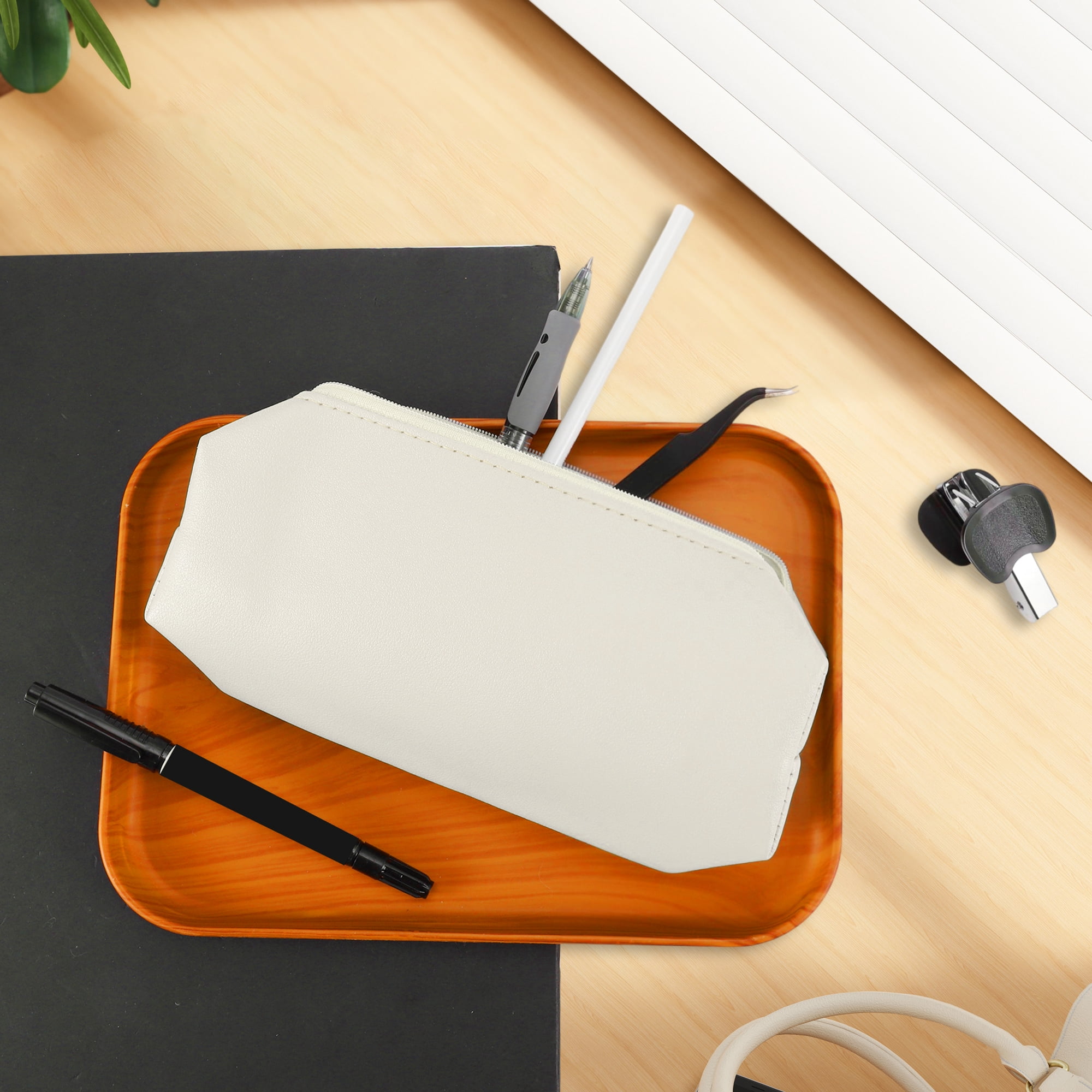 Unique Bargains Portable Stationery Bag Zipper Pencil Case Beige