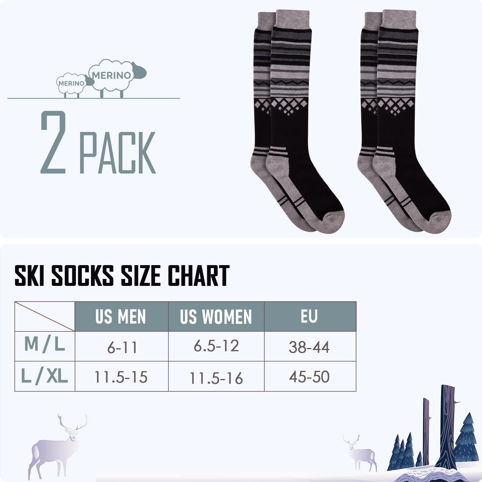OutdoorMaster Ski Socks 2-Pack Merino Wool, Over The Calf Non-Slip Cuff for Men & Women