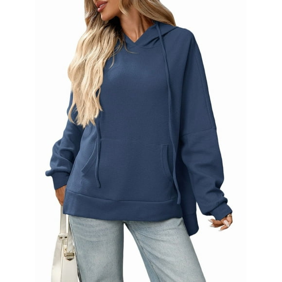 Women Oversized Hoodies Casual Long Sleeve Waffle Knit Drawstring Side Slit Pullover Sweatshirts with Pocket Navy Blue M