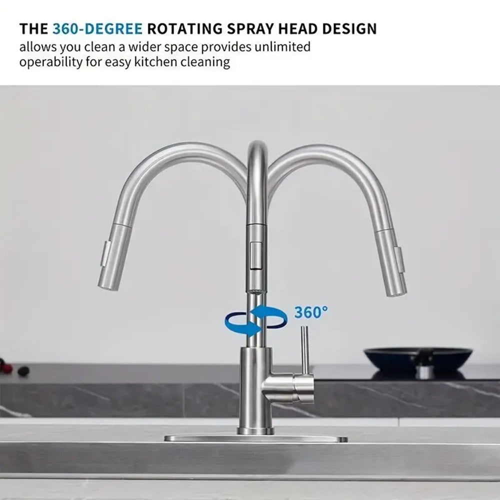 Brushed Nickel Kitchen Sink Faucet Pull Down Sprayer Single Handle Swivel Mixer