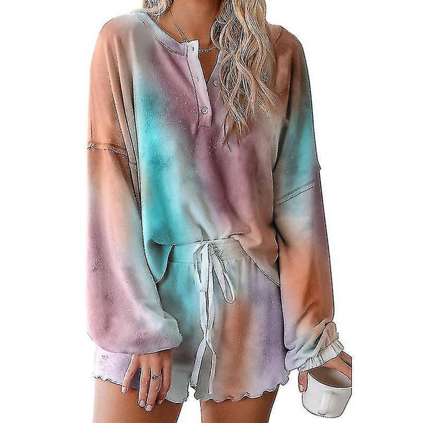 Conjunto de pijama corto para mujer con volantes estampados Tie Dye de manga larga