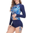 thumbnail image 2 of Paquete de 2 trajes de baño para mujer, cierre de cremallera frontal, pantalones cortos con cordón lateral, traje de baño de manga larga, estampado de hojas azules S, 2 of 7