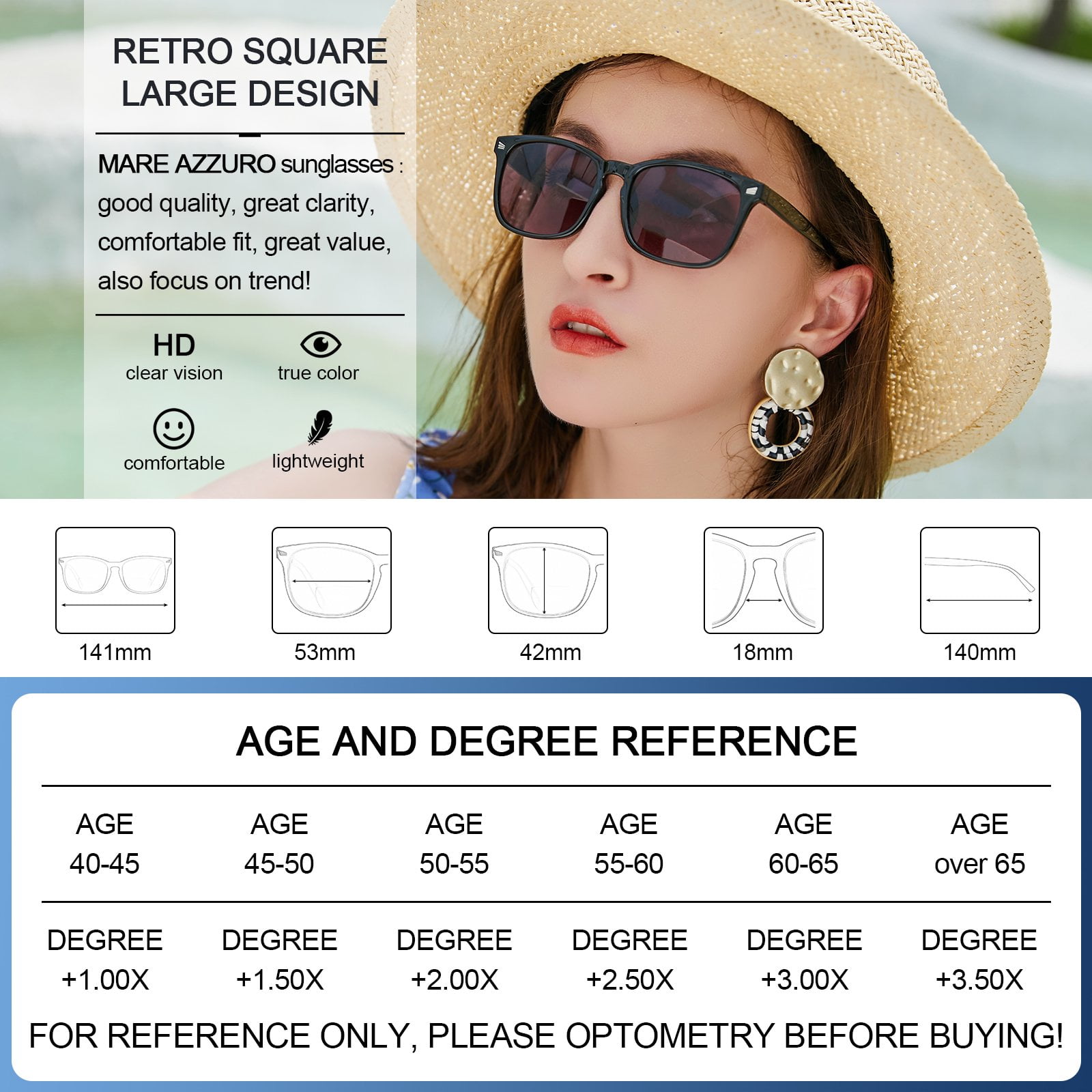 MARE AZZURO Bifocal Reading Sunglasses Women Trendy Square Outdoor Readers 0.0 1.0 1.5 2.0 2.5 3.0 3.5 4.0 (Black, 1.00)
