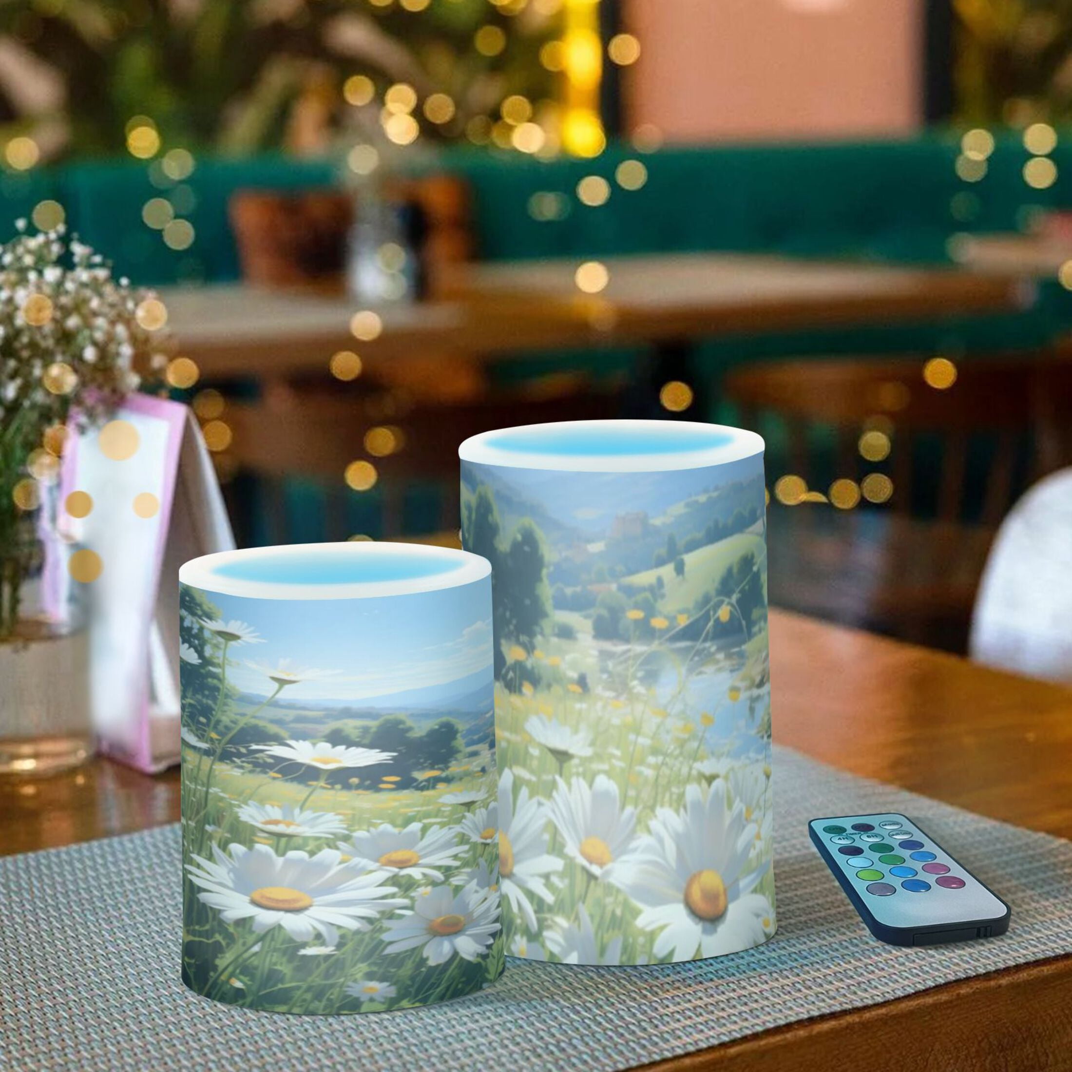 Spring Daisies Flickering Flameless Candles Battery Operated with Remote Timer LED Pillar Candles Set of 2