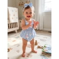 thumbnail image 4 of BemeyourBBs Newborn Baby Girl Summer Clothes Infant Baby Girl Goose Outfit Plaid Gingham Smocked Bubble Romper Embroidered Strap Sleeveless Bodysuit and Headband 2 Piece Set, 4 of 9