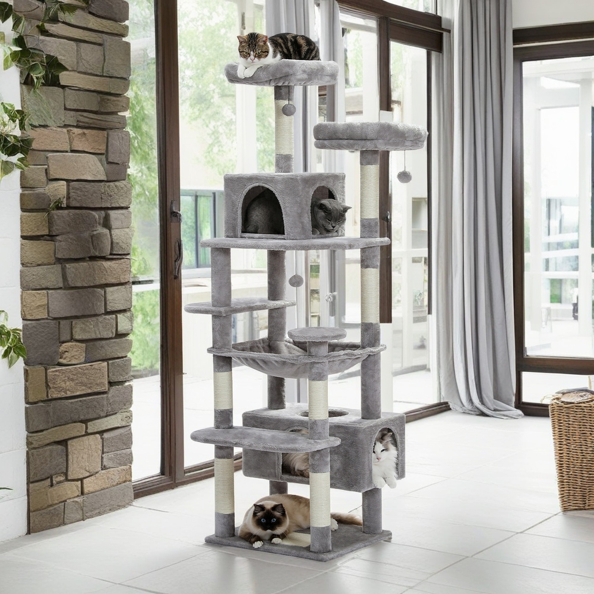 resenkos 72" Large Cat Tree Tower with Sisal Scratching Post, Indoor Cat Condo for Big Cat Maine Coon, Gray