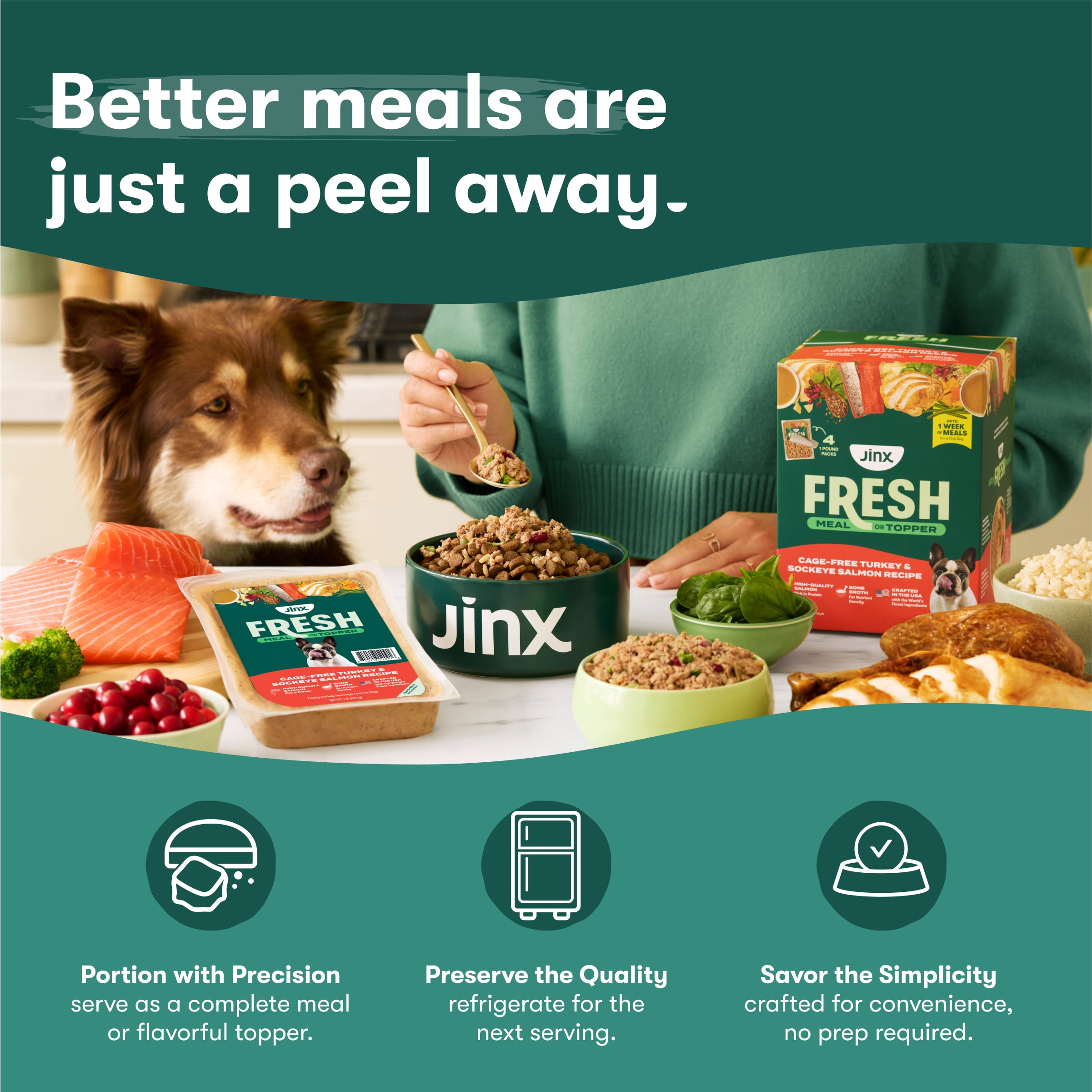 Jinx Fresh Farm-Raised Chicken & Turkey Dog Food Meal or Topper, 4 x 1 lb Pouches