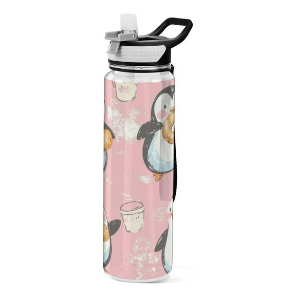 Qxltty Dessert Penguin Pink Pattern Water Bottle 32 oz with Straw BPA Free Reusable Fitness Sport Bottle Perfect for Travel School Outdoors and Gym