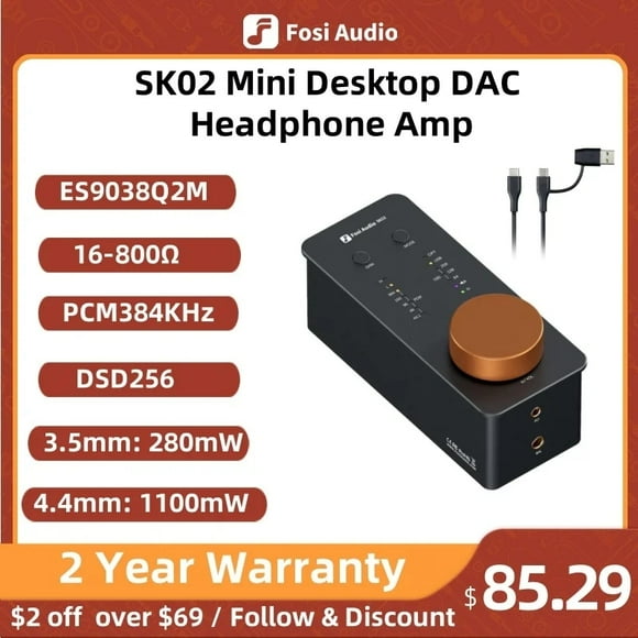 Fosi Audio SK02 Amplificateur de Casque DAC Préampli Support DSD 256 PCM pour Casque Équilibré 3.5MM & 4.4MM