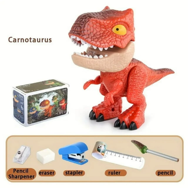 Craft Stationery Set for Kids – 5-in-1 Dinosaur Model Pencil Sharpener Eraser Flexible Ruler Stapler