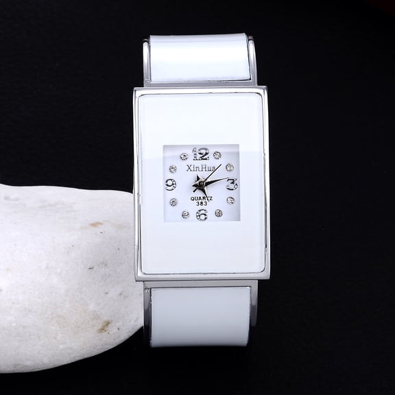 White Square Cuff Bangle Watch, Minimalist Women’s Quartz Bracelet Watch