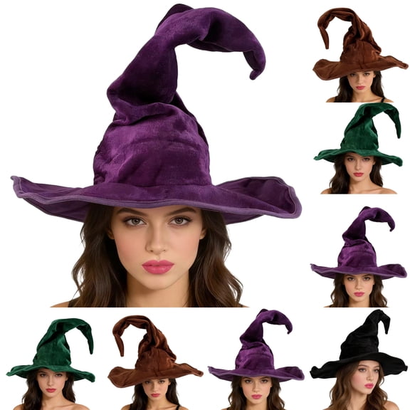 Wide Brim Curly Peak Halloween Witch Costume Hats for Women Soft Lightweight Foldable Wizard Headwear Decorative Accessory for Night Party Wear,Purple
