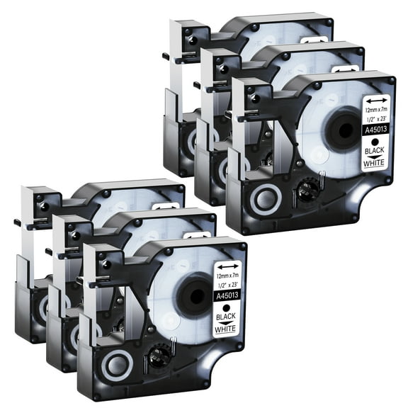 GREENCYCLE 6PK Compatible for DYMO D1 Label Tape 45013 45013S S0720530 12mm Black on White for LabelManager 160 210D 260P 280 360D 420P 450Duo Wireless PnP Colorpop
