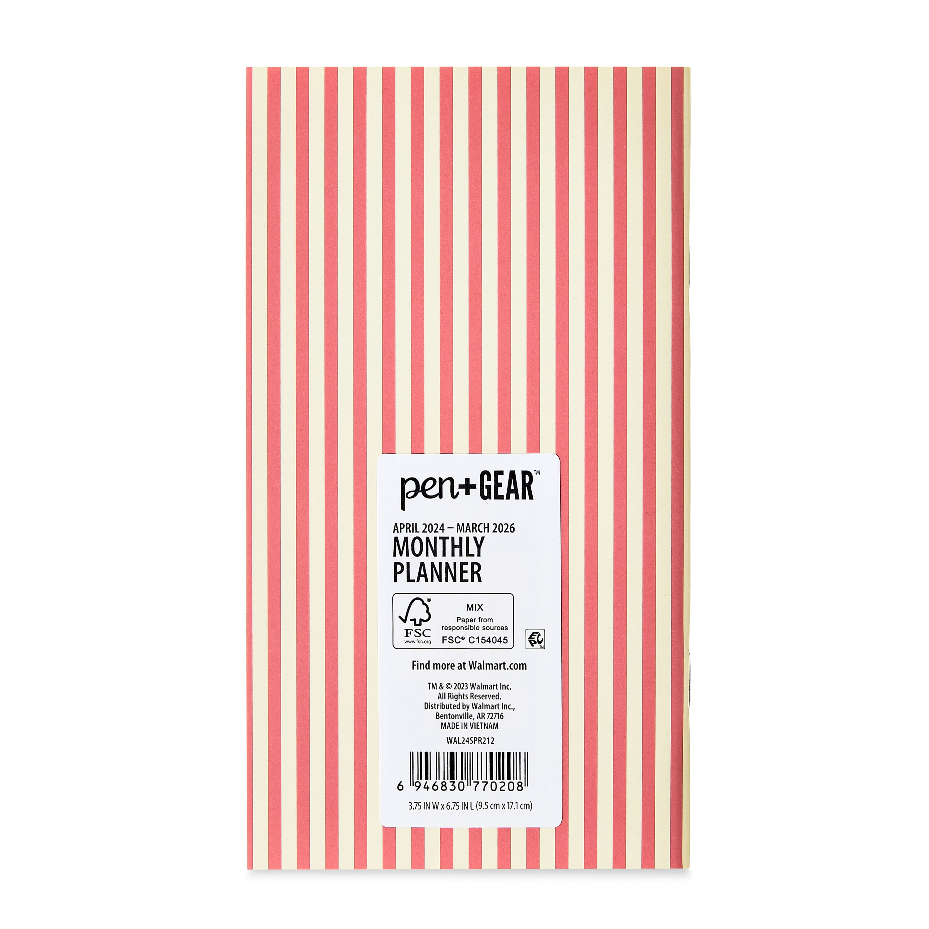 Pen+Gear Monthly Planner, 3.75" x 6.75", Pink and White Stripe, April 2024 to March 2026