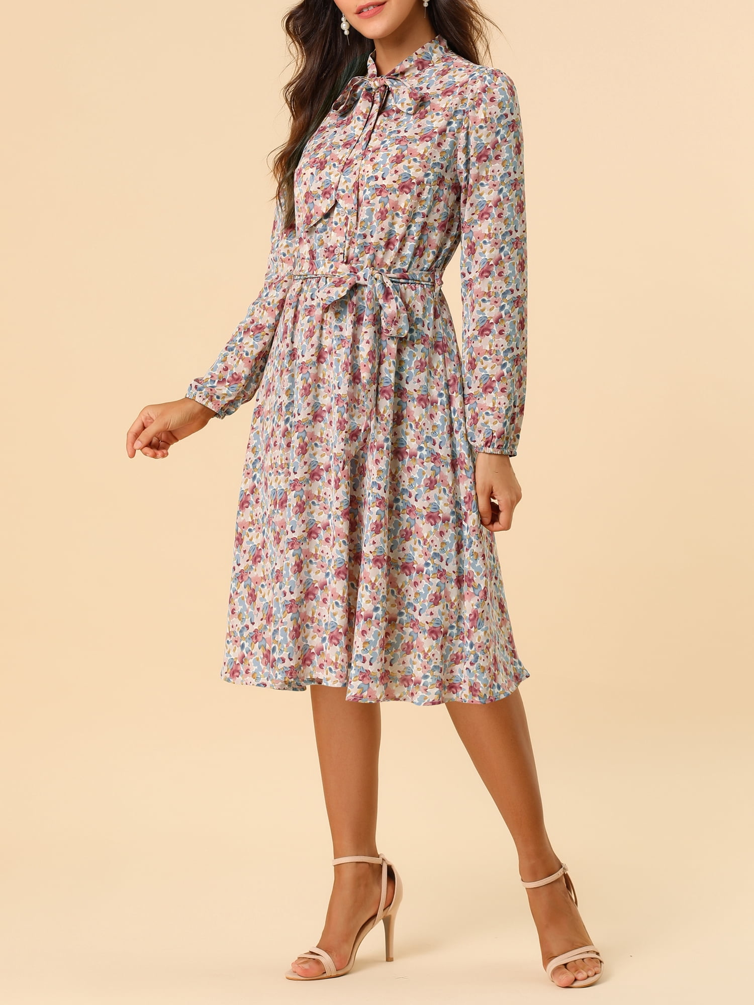 DARING DIVA Tie Neck Chiffon Belted Vintage Floral Midi Dress L Blue
