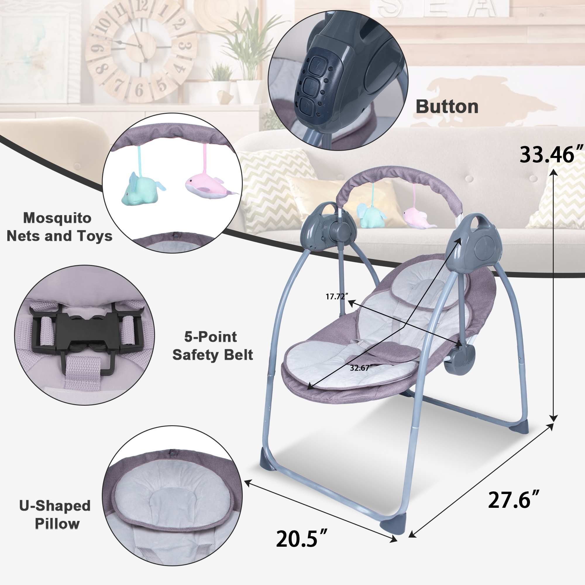 Yabanana Baby Swing with 5-Point Safety Harness, Bluetooth Control,5-Swing Speeds Settings & 3 Timing, Remote Control,(Gray)
