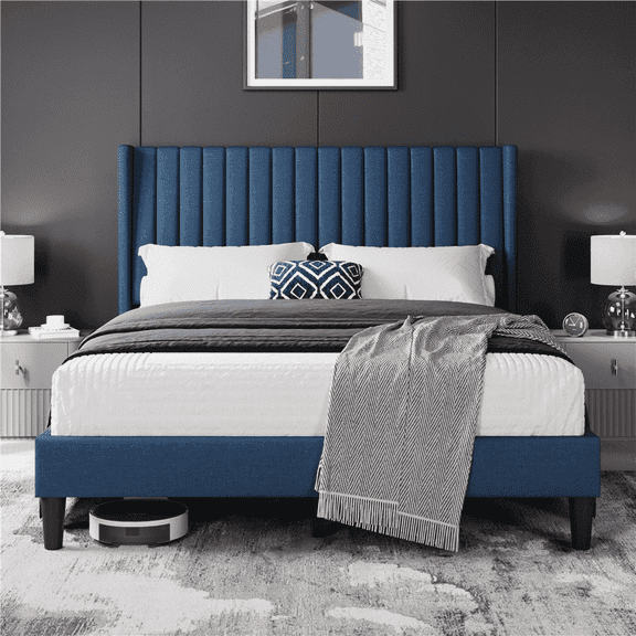 Yaheetech Queen Size Platform Bed with Upholstered Headboard & Mattress Foundation, Navy Blue