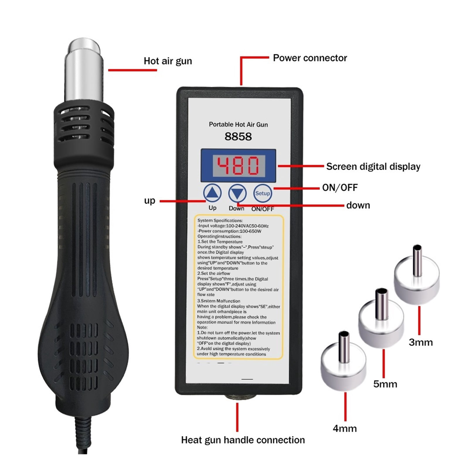 Hot air gun 8858 Micro Rework soldering station LED Digital Hair dryer for soldering 650W Heat Gun welding repair tools Heat Gun ,Variable Temperature