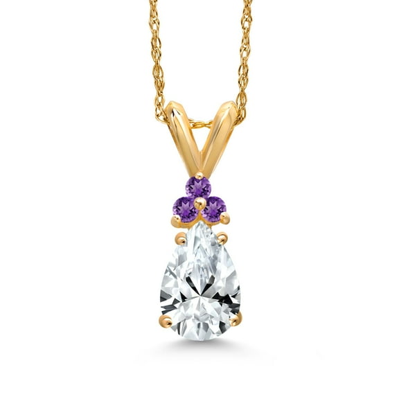 Gem Stone King 14K Yellow Gold White Created Sapphire and Simulated Purple Amethyst Pendant Necklace for Women | 1.17 Cttw | Gemstone September Birthstone | Pear Shape 8X5MM | With 18 inch Chain