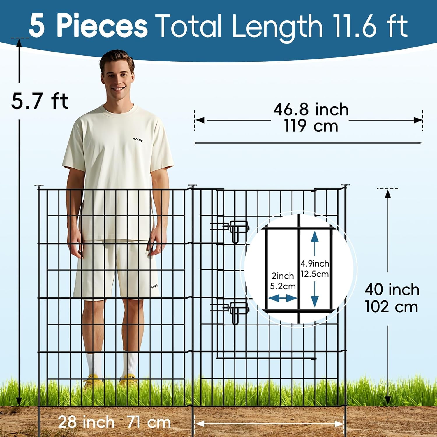 Metal Garden Fence 40 inch H x 28 inch W, 5 Panels (4 Panels + 1 Gate), Total 11.6 ft, No Dig Fence Rustproof Animal Barrier Fencing for Dog, Rabbits, and Patio,Yard