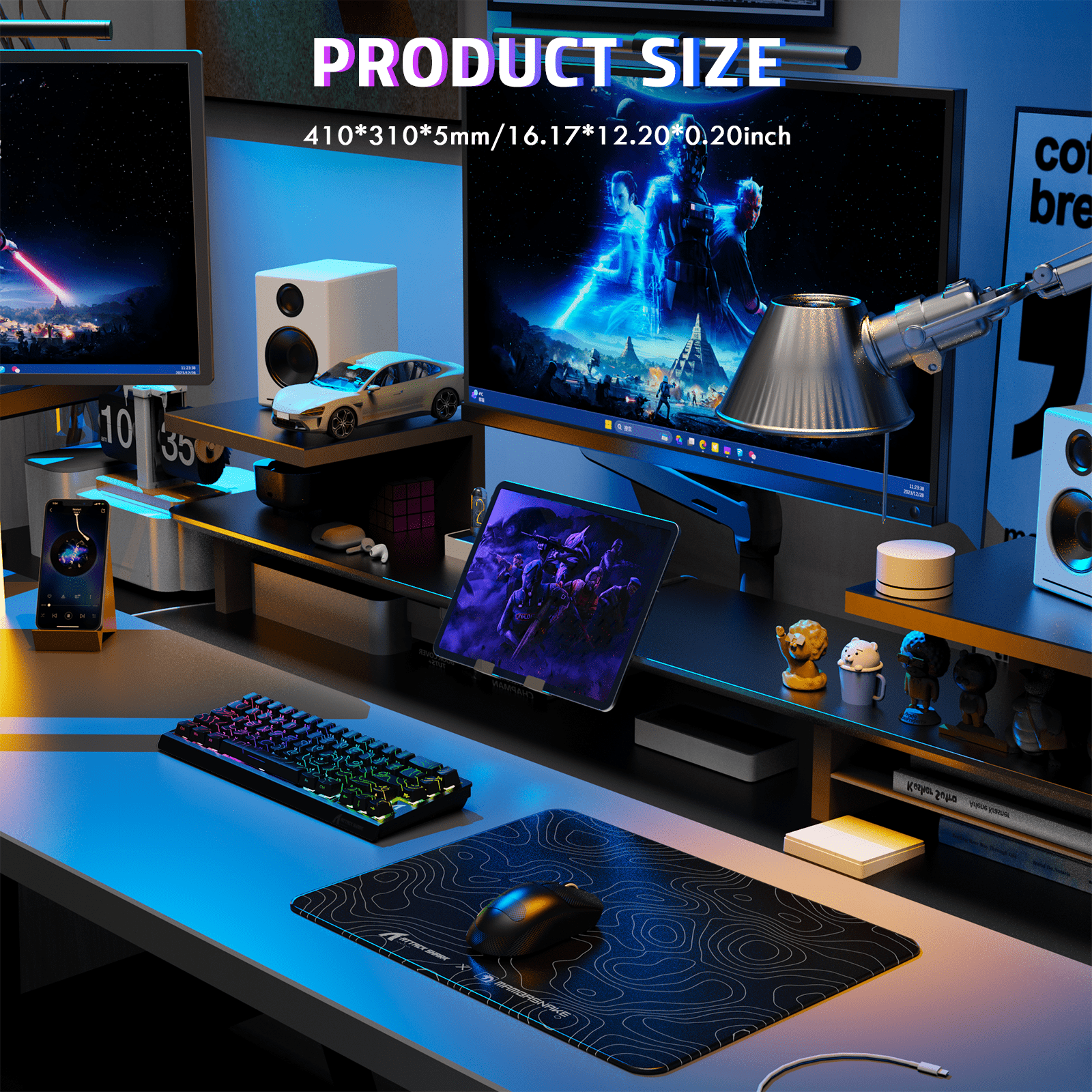 ATTACK SHARK CM05 SE Tempered Glass Mouse Pad, 16.1''×12.2'' Large Hard Gaming Mouse Pad, Nano-Etched Surface, 9H Anti-Scratch, Anti-Slip Base, Black Contours