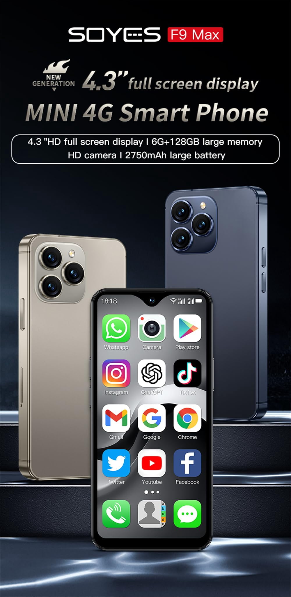Mini Phone 4G Unlocked SOYES F9 Max Gift for Kid 4.3inch Small Size Smartphone Android 12.0 OTG 2750mAh 13MP Camera Face Recognition Student Cellphone