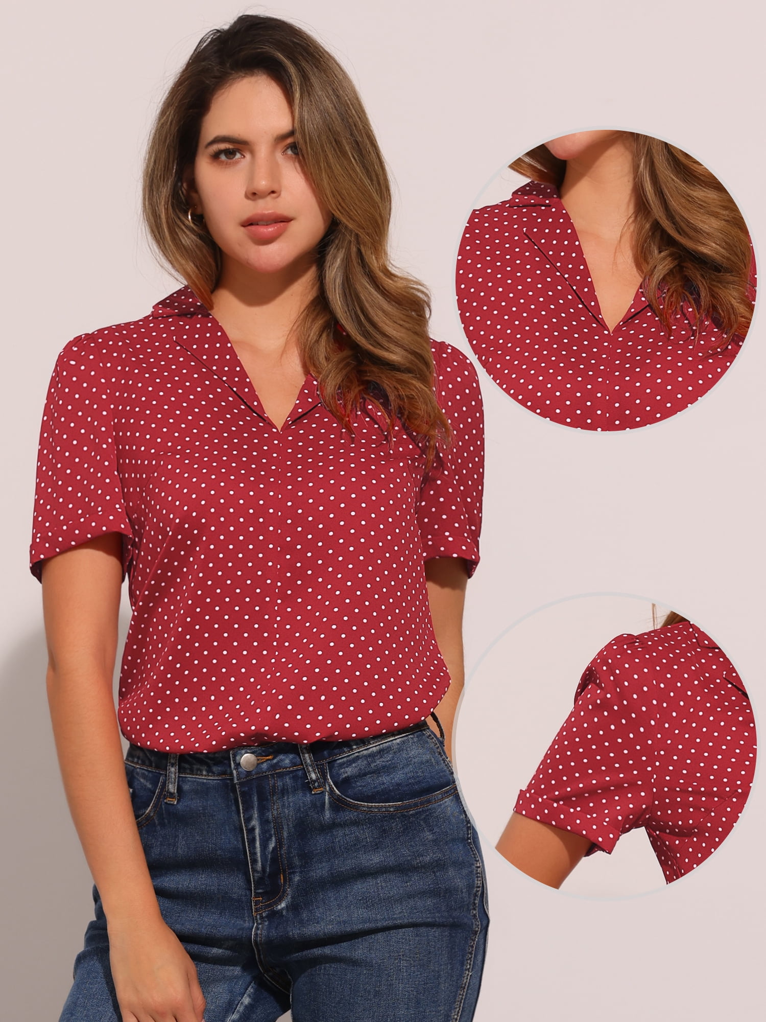 DARING DIVA Women's Short Sleeve V Neck Notch Lapel Collar Shirt L Red