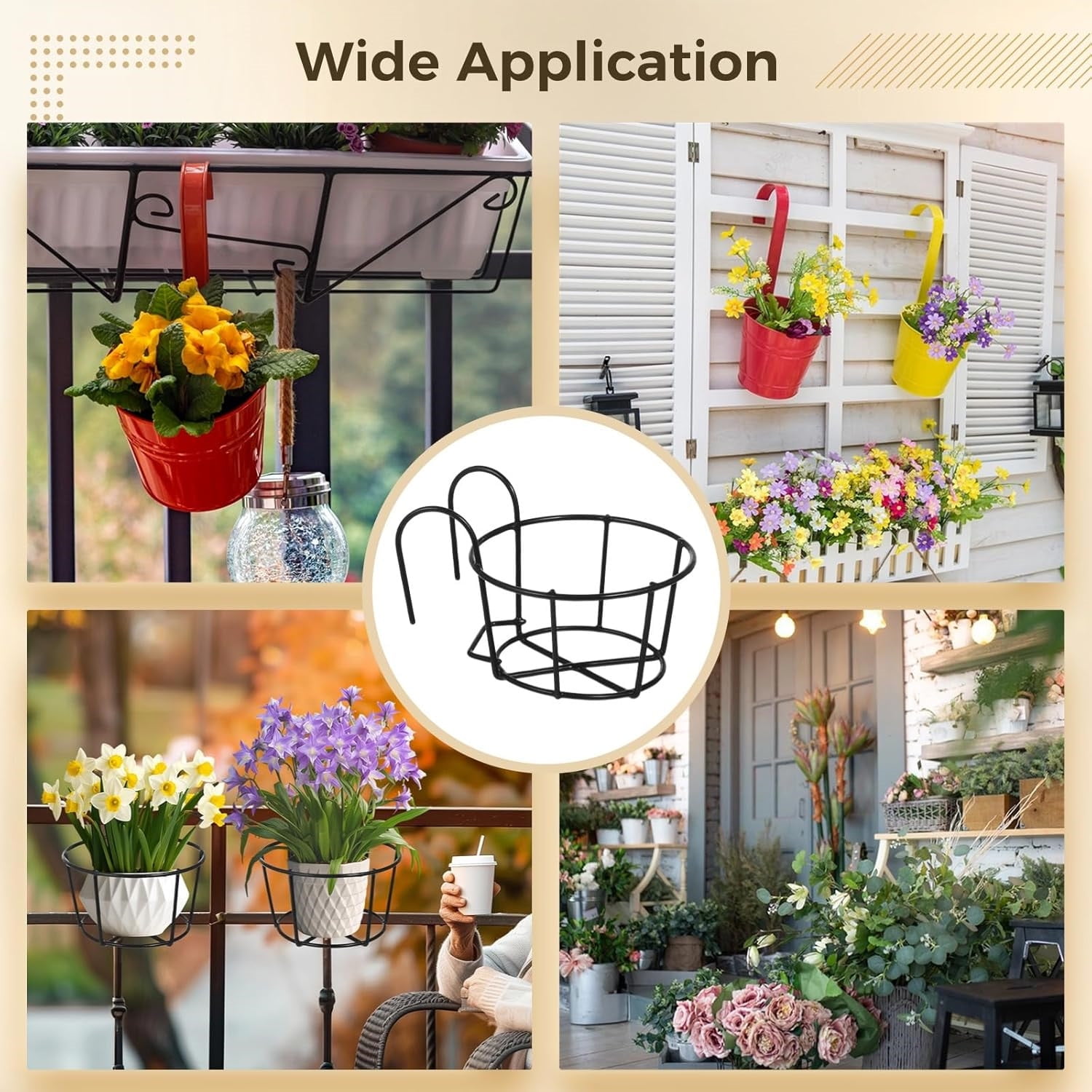 Meilimei 6-Pack Hanging Planters for Railings, 6.3 Inch Round Metal Flower Pot Holders with Double Hook, Outdoor Indoor Black Iron Plant Hangers for Balcony, Fence, Garden Decor