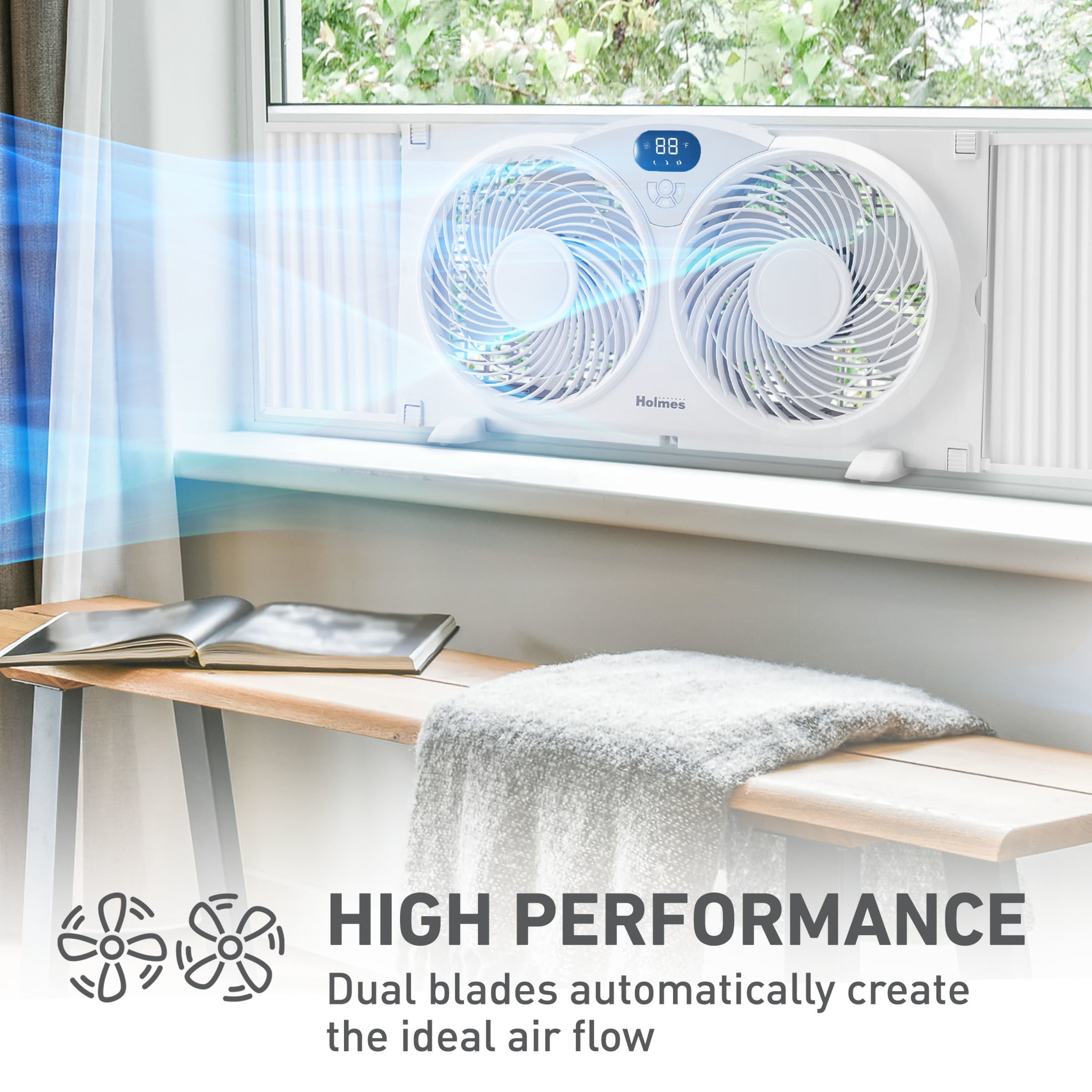 Holmes 9 Inch Digital Window Fan 3 Speed Thermostat Remote Reversible Twin Blades White