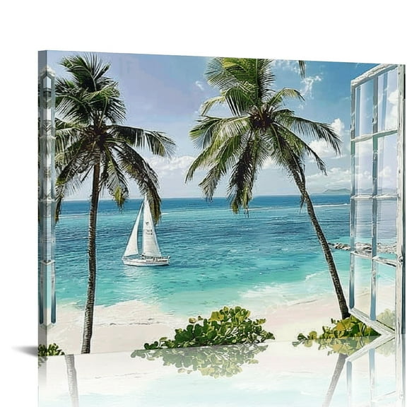Orinice Beach Window Canvas Wall Art: Ocean seaside Picture Tropical Palm Tree Artwork Print on Coastal Seascape Painting for Bedroom 20x16in