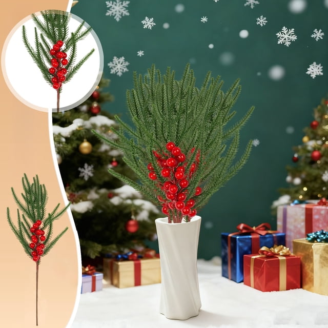 Aodebiao Tiges de Verdure de Pin Artificielles Réalistes avec Baies et Cônes Rouges, Branches Flexibles pour Couronnes de Noël, Centres de Table, Déco Maison et Mariage, Arrangements de Feuillage Réalistes