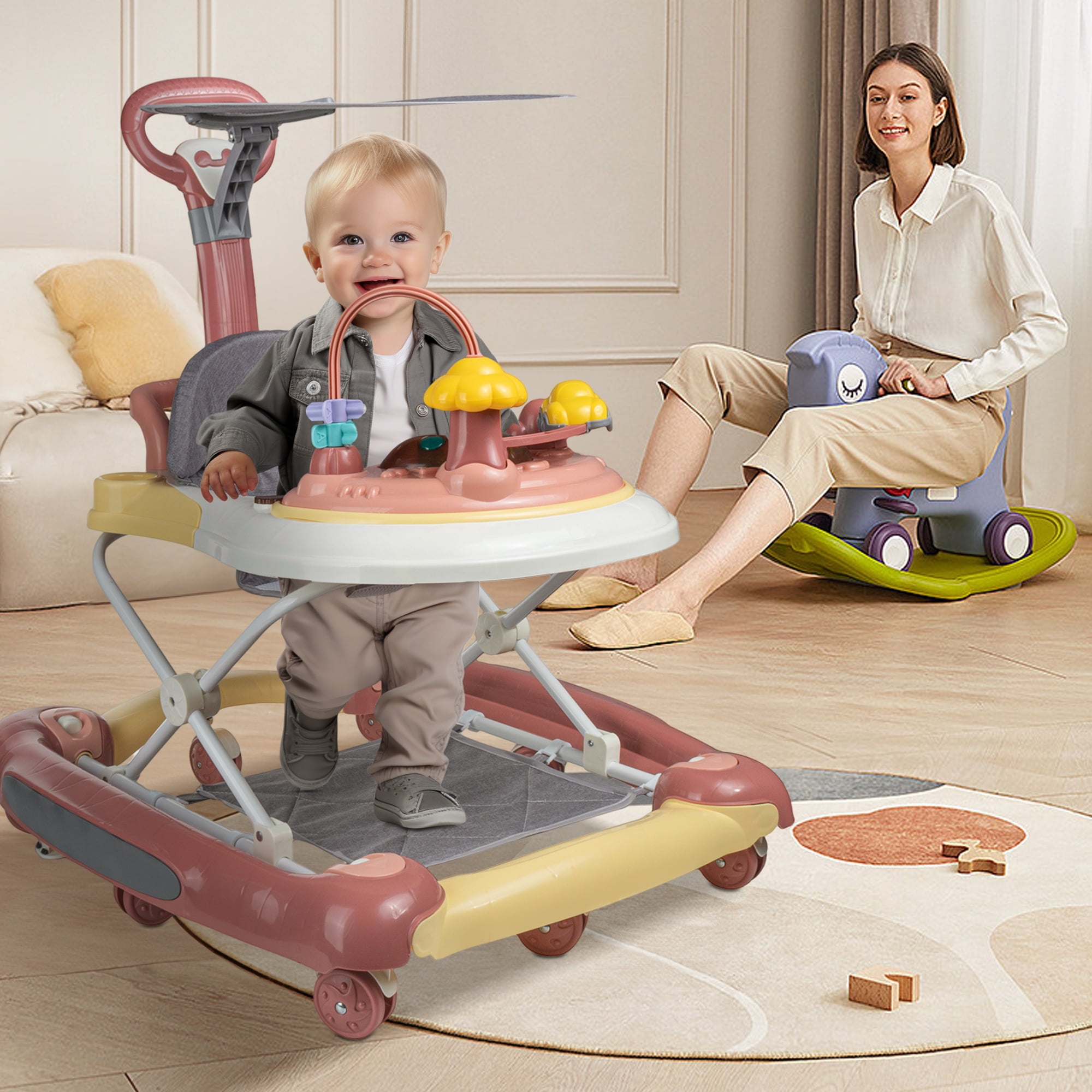 GIATUEE 4 in 1 Baby Walker with Wheels, Foldable Walker for Baby Boys Girls, 7 Months+(Pink)