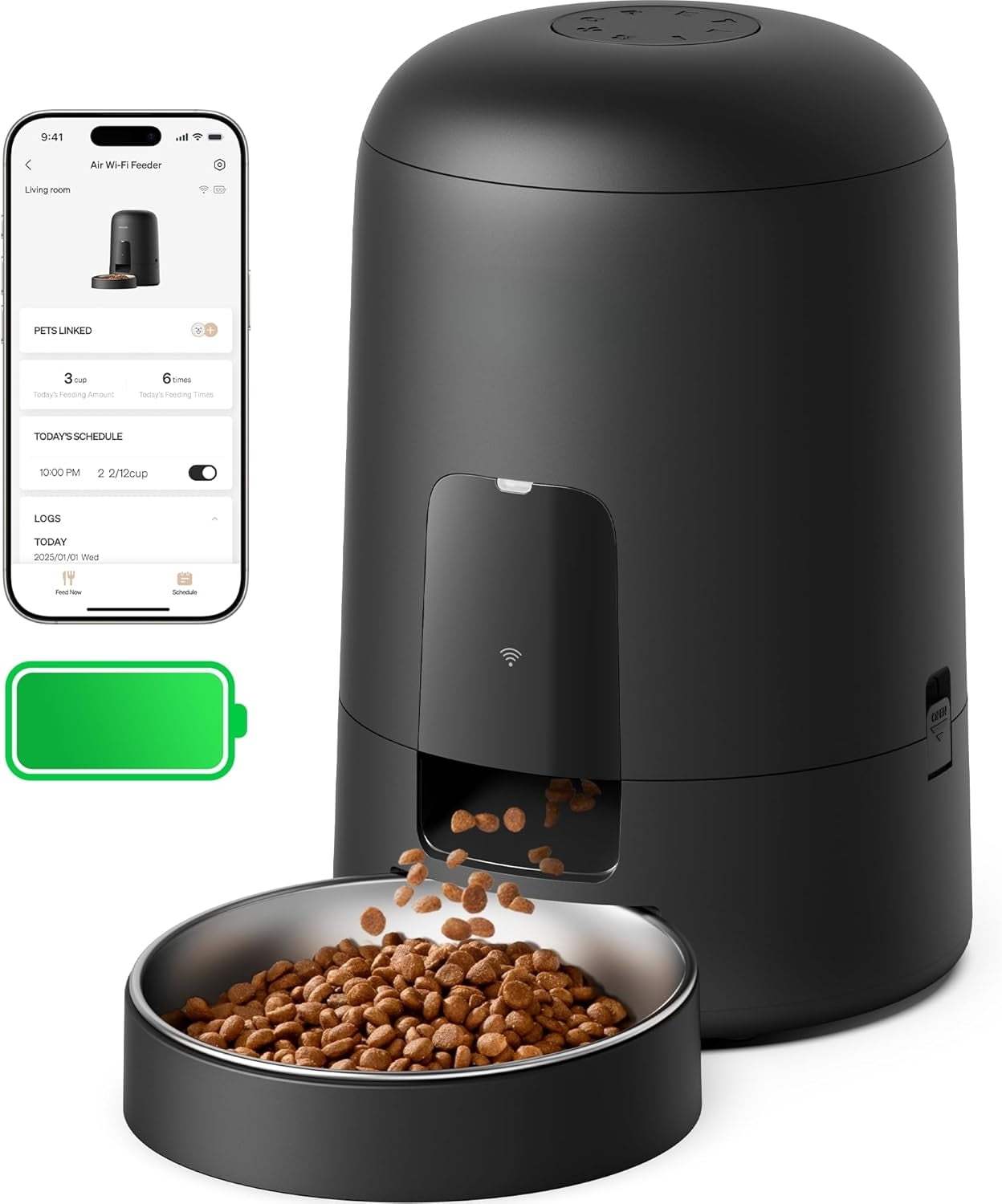 Automatic Cat Feeder, Wi-Fi Rechargeable Cats Food Dispenser Battery-Operated with 30-Day Life, AIR 2.4G Wi-Fi Timed Pet Feeder for Cats & Dogs, 2L Auto Cat Feeder, Black