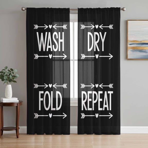 Laundry Sheer Curtains 63 Inch Length 2 Panels Set, Funny Wash Dry Fold Minimalist Text Black Voile Window Treatment Rod Pocket Curtains Sheers Drapes for Bedroom/Living Room/Kitchen 52x"63"x2