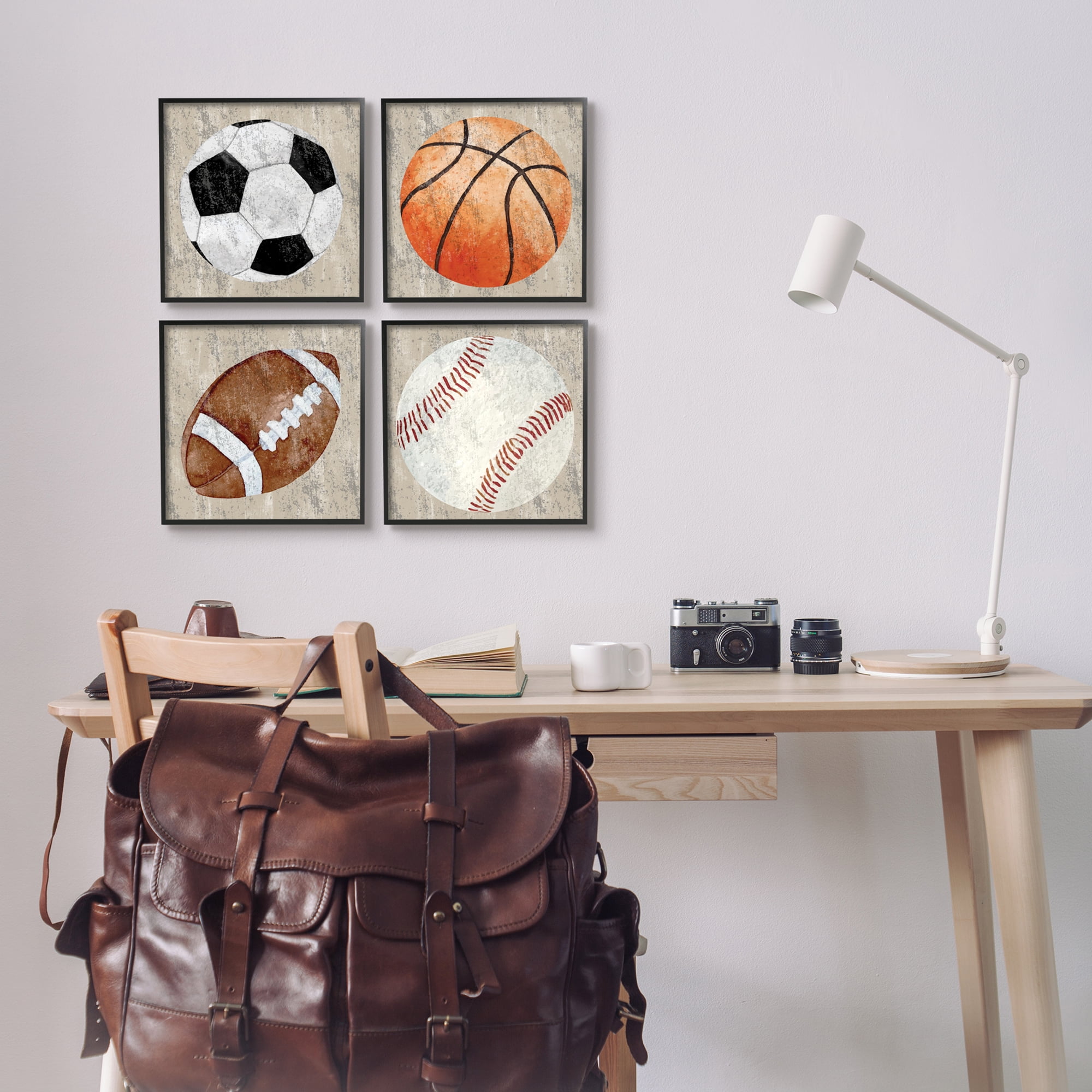 Stupell Industries Various Rustic Sports Balls Art for Kids Painting Black Framed Art Print Wall Art, 12 x 12, Set of 4