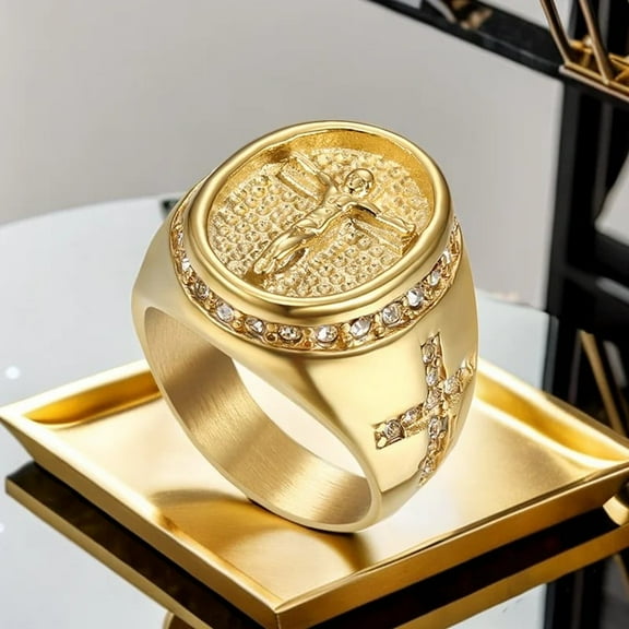 Hip Hop Iced Out Jesus Cross Ring Male 14K Yellow Gold Cubic Zirconia Christian Rings For Men Religious Jewelry Gift