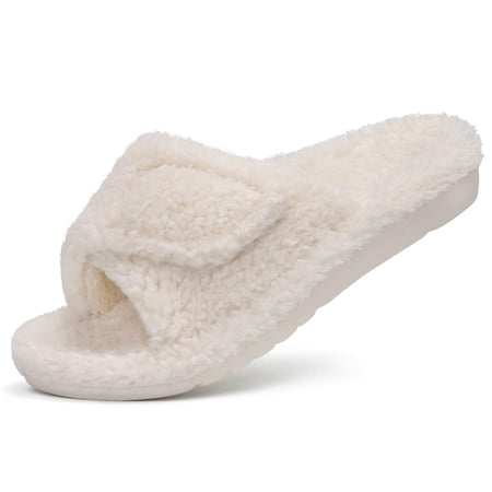 Litfun Women's Fuzzy Orthopedic Slippers with Arch Support Open Toe House Shoes for Plantar Fasciitis, White