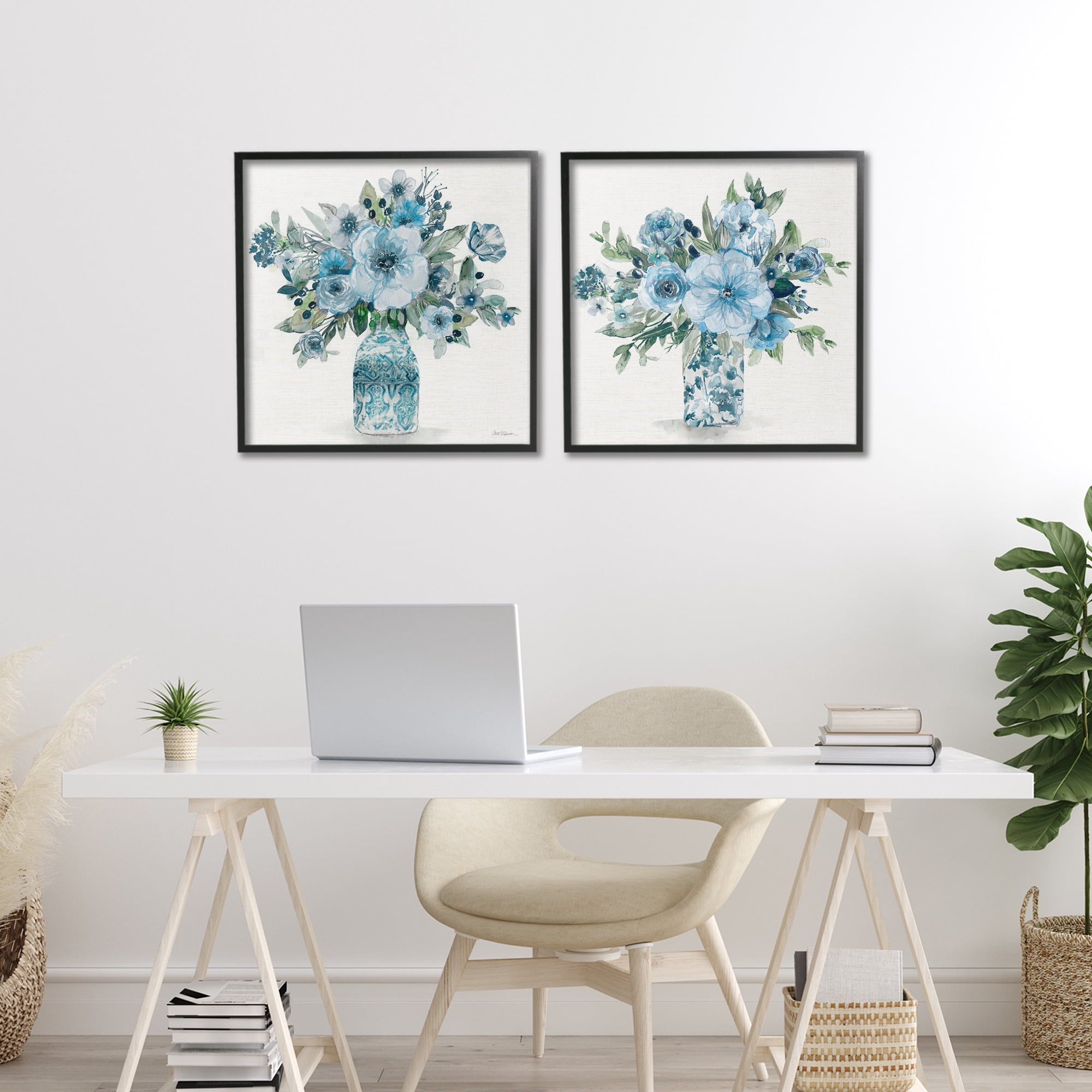 Stupell Industries Pastel Blue Floral Vase Arrangements 2 Piece Black Framed Giclee Art Set, design by Carol Robinson
