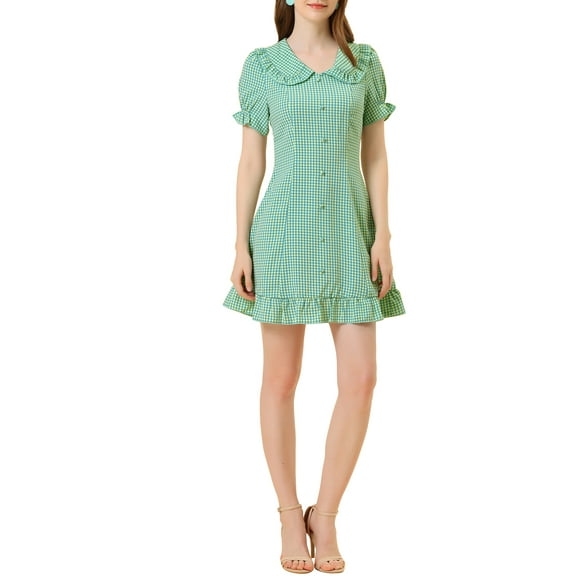 MODA NOVA Junior's Gingham Print Ruffled Doll Collar Puff Sleeve Mini Dress