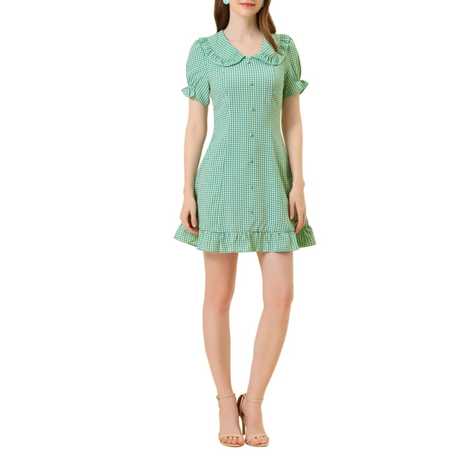INSPIRE CHIC Womens Gingham Checks Ruffled Peter Pan Collar 1960s Mini Dress XL Blue Yellow