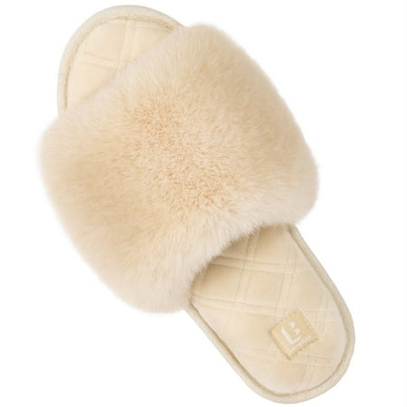 

LongBay Women s Fuzzy Faux Fur Memory Foam Cozy Flat Spa Slide Slippers Comfy Open Toe Slip On House Shoes Sandals Size 7-8 US