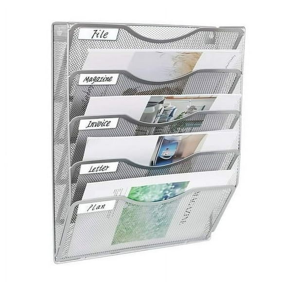 EasyPAg 5 Pockets Wall File Holder Organizer Hanging Magazine Rack,Silver