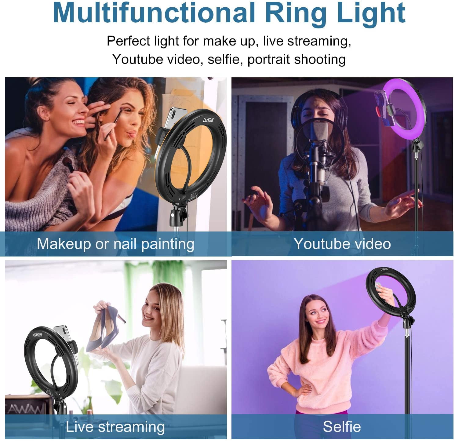 10" RGB Selfie Ring Light with 63" Tripod Stand, Dimmable for Makeup Live Streaming YouTube TikTok Photography