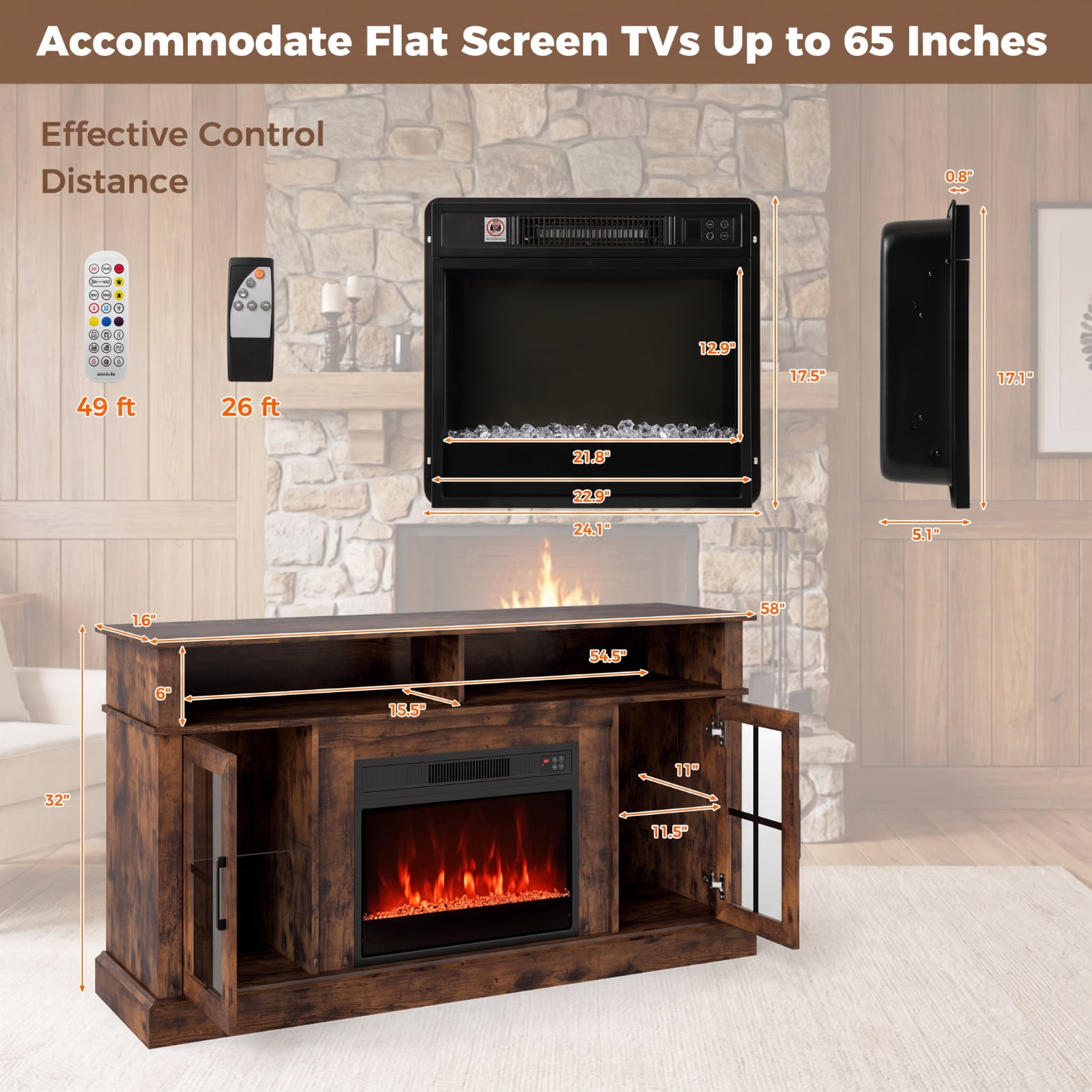 Furnibear 58 Inch Fireplace TV Stand Entertainment Center with LED Lights Storage Cabinets and Tempered Glass Doors for Living Room, Rustic Brown
