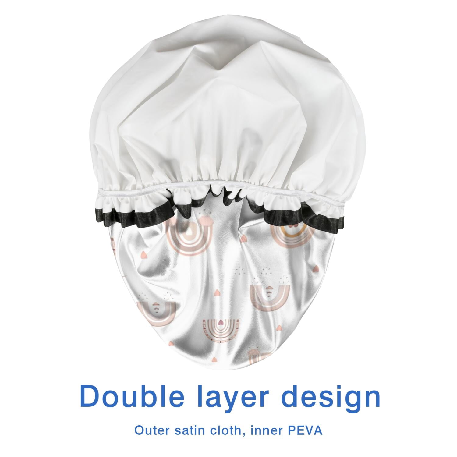 Shower Caps,White Boho Bohemia Rainbow Hearts Pattern Waterproof Shower Cap for Women 4 Pieces,Double Reusable Hair Cover for Shower PEVA Elastic Stretch Hem
